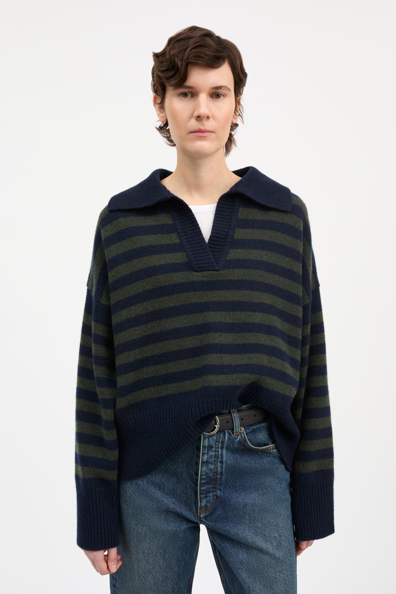 Skall Studio Dean V-neck jumper Jumper Navy/Dark green stripe