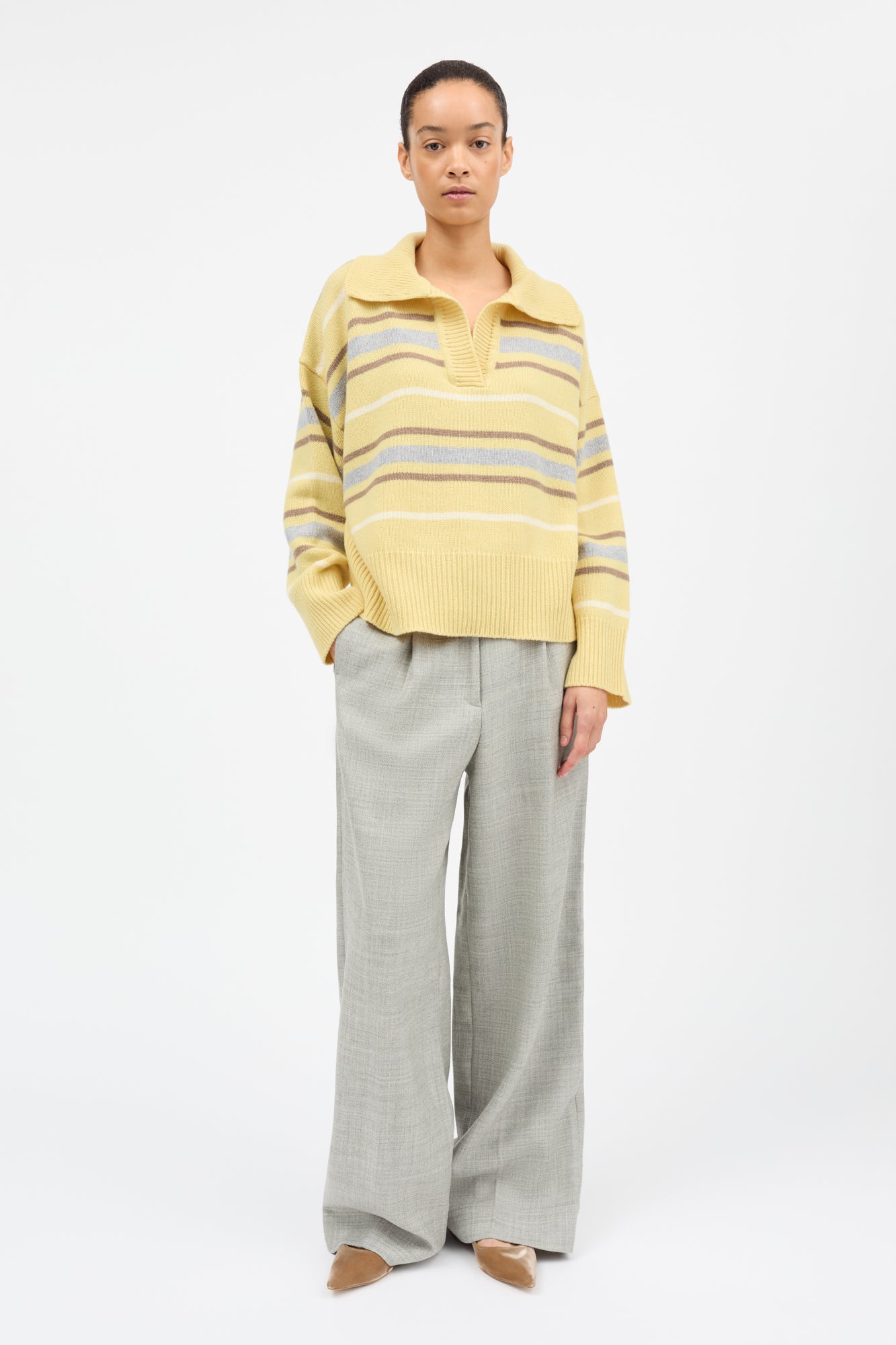 Skall Studio Paul V-neck jumper Jumper Yellow/Grey stripe